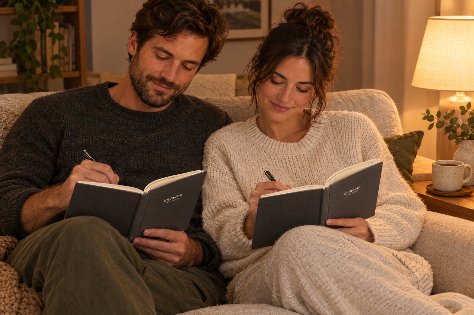 A couple writing in their Inchwise journals together in the evening