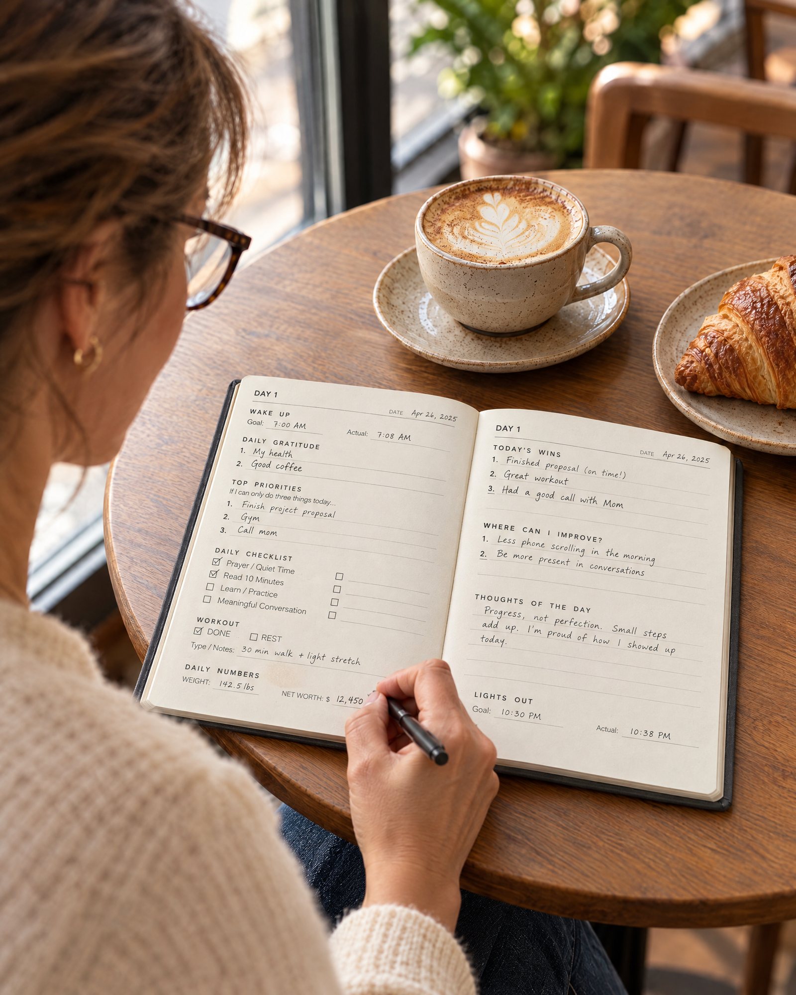 Morning: writing the top priorities at a café table